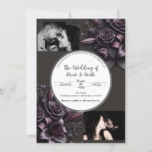 Berry Purple & Black Lily Rose Floral Wedding Invitation