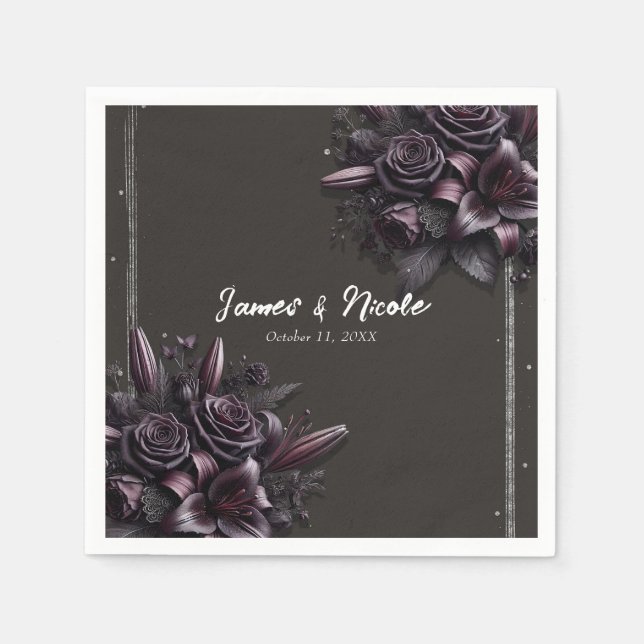 Berry Purple & Black Lily Rose Floral Wedding Napkin (Front)
