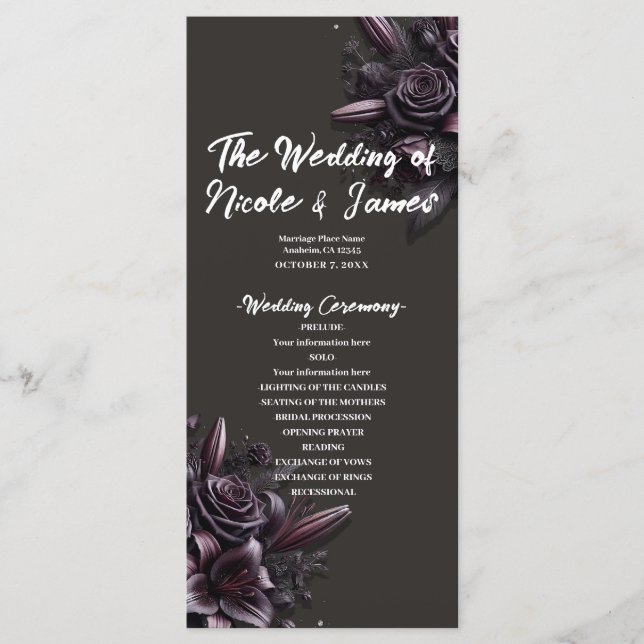 Berry Purple & Black Lily Rose Floral Wedding  Programme (Front)