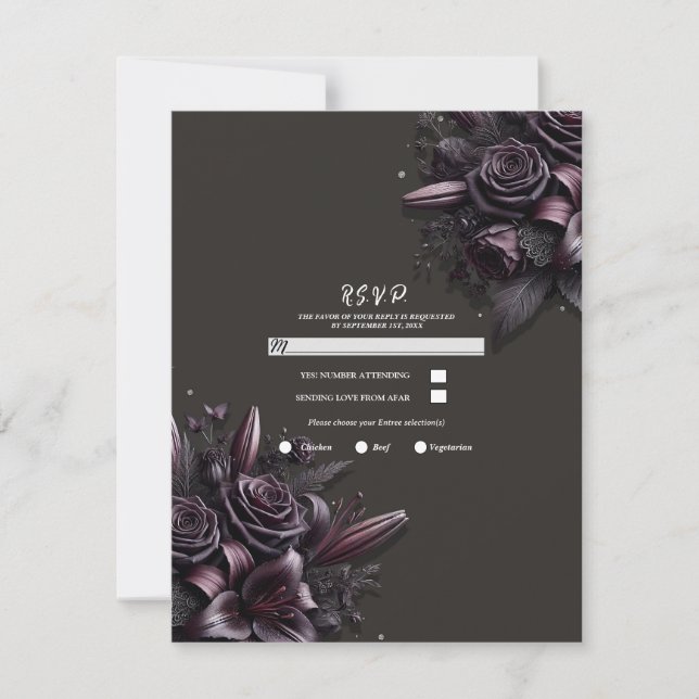 Berry Purple Black Lily Rose Floral Wedding RSVP Invitation (Front)
