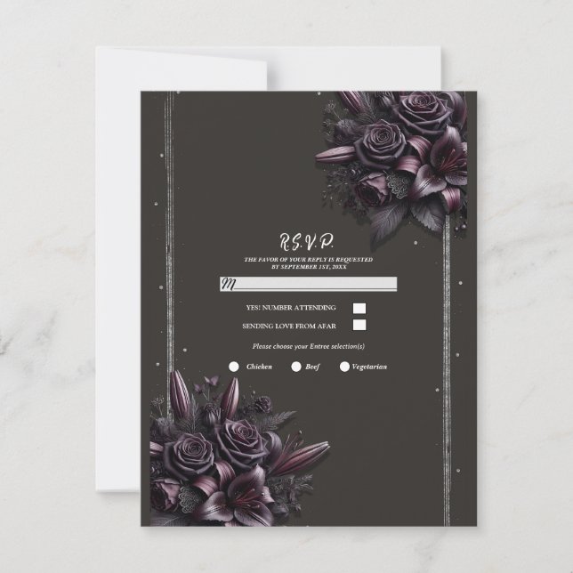 Berry Purple Black Lily Rose Floral Wedding RSVP Invitation (Front)
