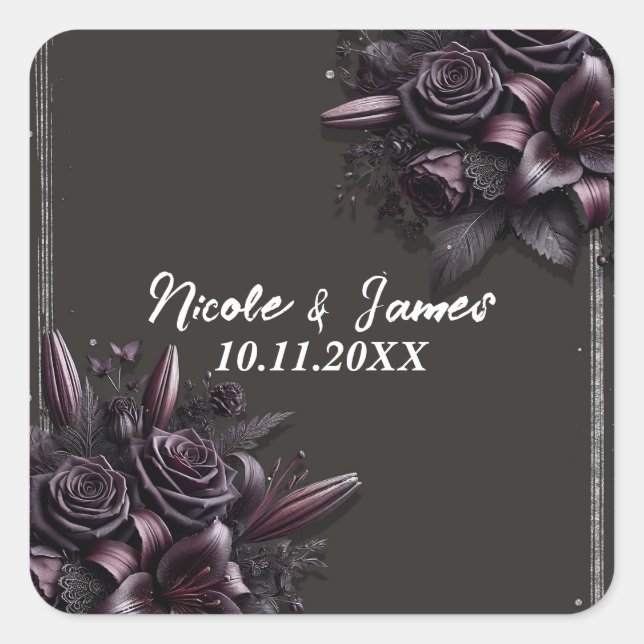 Berry Purple & Black Lily Rose Floral Wedding Square Sticker (Front)
