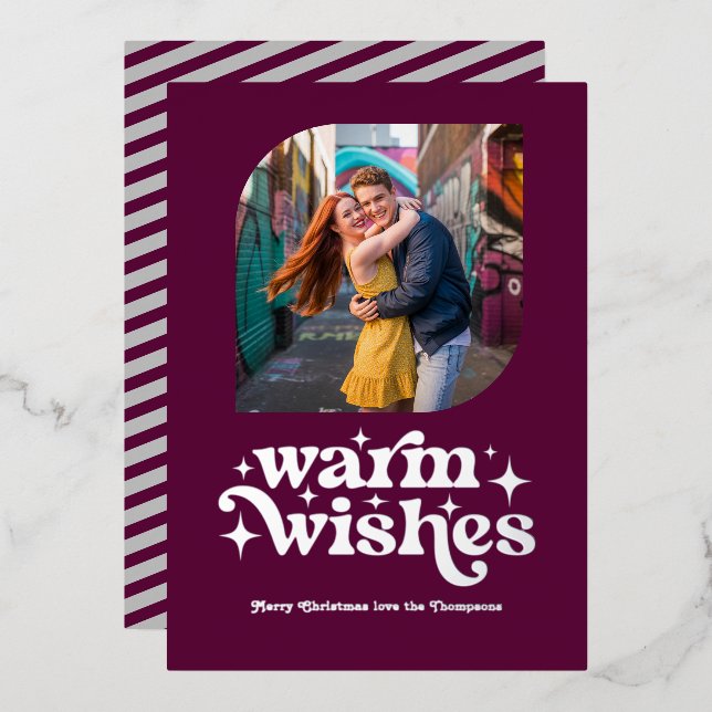 Berry Purple & Silver Modern Retro Christmas Photo Foil Holiday Card (Front/Back)
