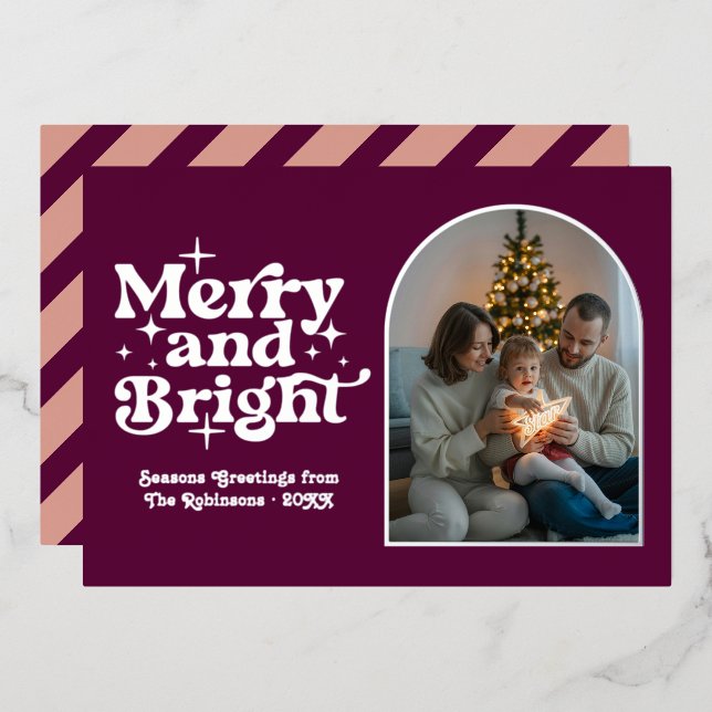 Berry Purple & Silver Modern Retro Christmas Photo Foil Holiday Card (Front/Back)