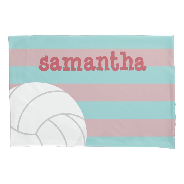 Berry Red and Aqua Giant Volleyball Striped Pillowcase (Front)