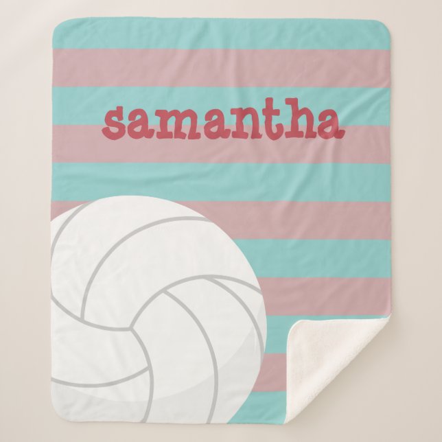 Berry Red & Aqua Giant Volleyball Striped Sherpa Blanket (Front)