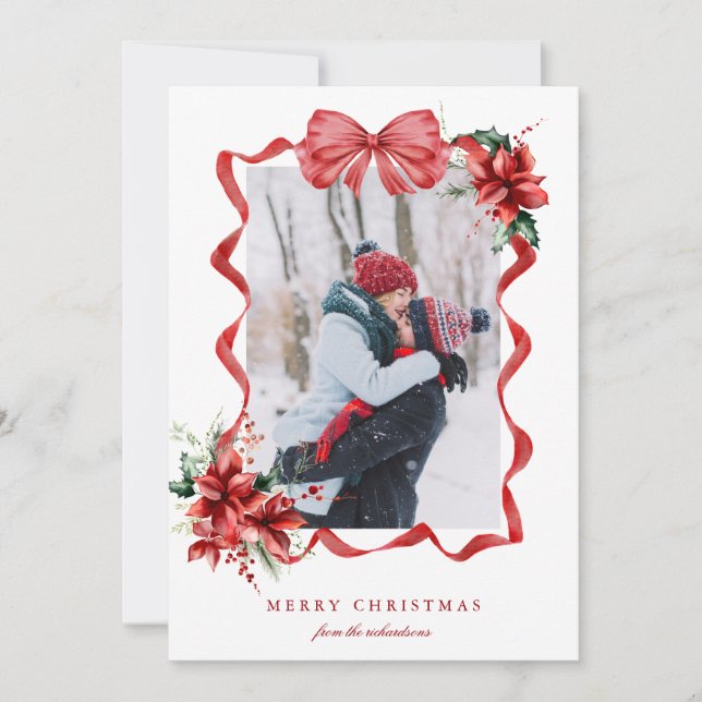 Berry Red Bow Frame Photo Christmas Holiday Card (Front)