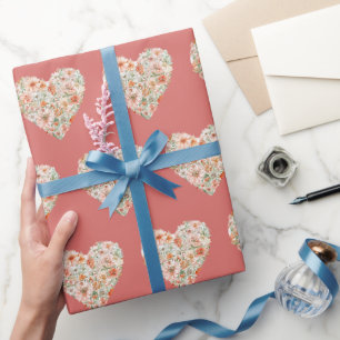 Berry Red Floral Hearts Birthday Wrapping Paper