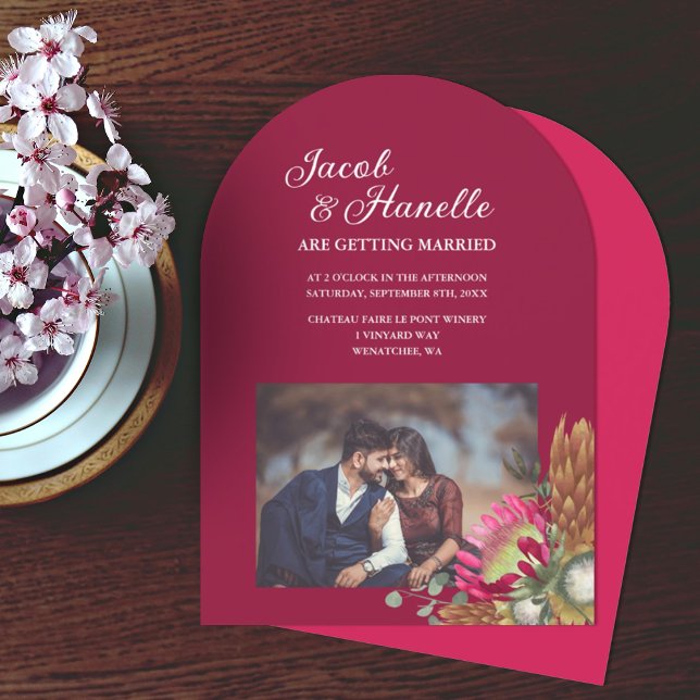 Berry Red, Gold, Beige King Protea Flowers Wedding Invitation (berry red wedding invitation, magenta pink king protea flower, gold brown pinecones, fall wedding)