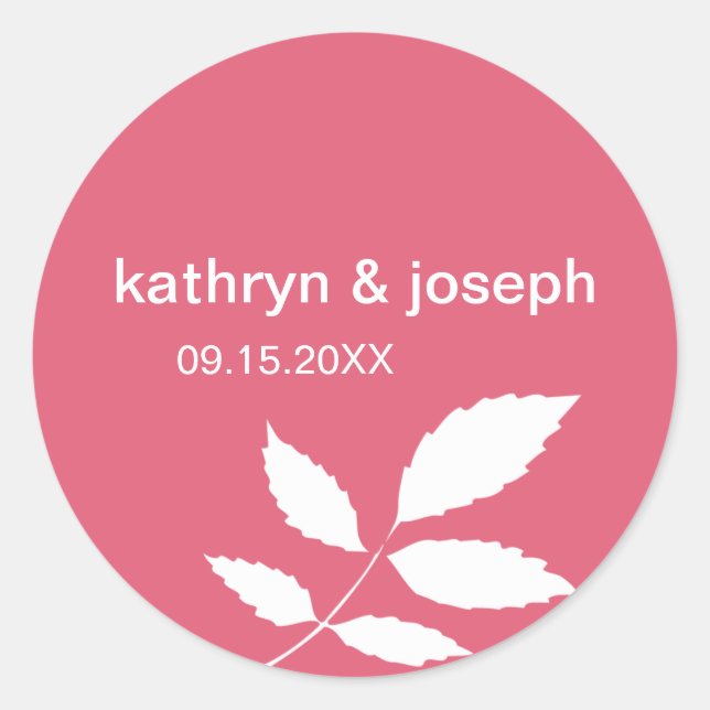 Berry red modern leaves name wedding favour label (Front)