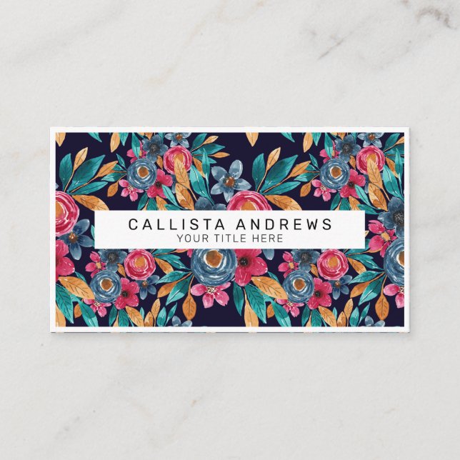 Berry Red Navy Mustard Watercolor Flowers Art Business Card (Front)