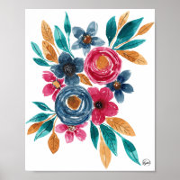 Berry Red Navy Mustard Watercolor Flowers Art