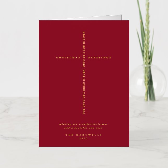 Berry Red Scripture Cross Christmas/Holiday Foil Greeting Card (Front)