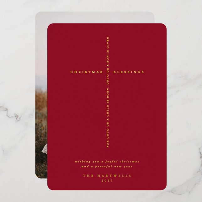 Berry Red Scripture Cross Photo Foil Holiday Card (Front/Back)