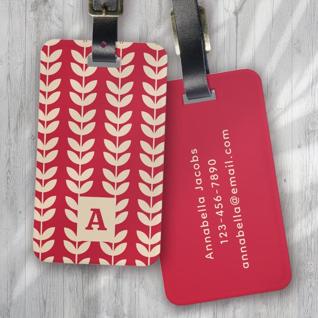 Berry Retro Vibe Leaf Pattern Monogram Luggage Tag (Creator Uploaded)
