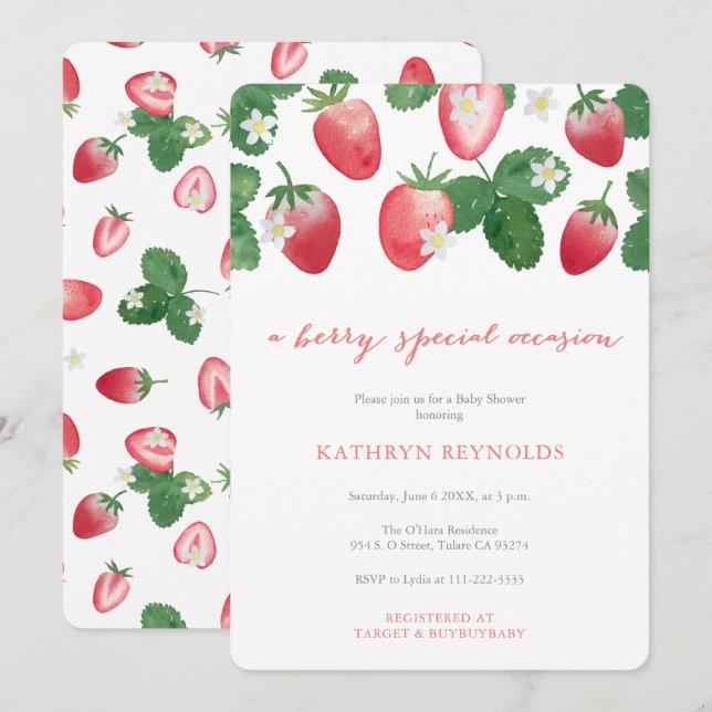 Berry Special Occasion Strawberry Baby Shower Invitation (Front/Back)
