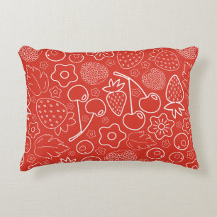 Berry Strawberry Cherry White Hand drawn Modern. Decorative Cushion