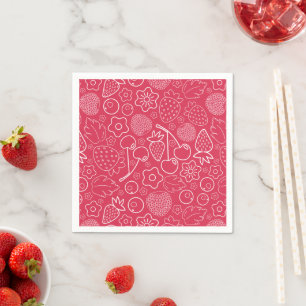 Berry Strawberry Cherry White Hand drawn Modern. Napkin