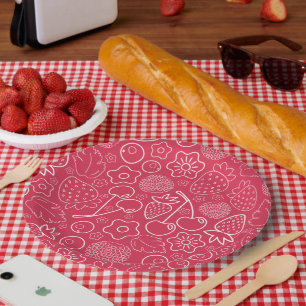 Berry Strawberry Cherry White Hand drawn Modern. Paper Plate
