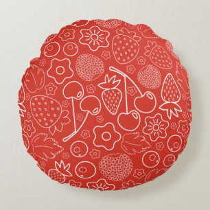 Berry Strawberry Cherry White Hand drawn Modern. Round Cushion