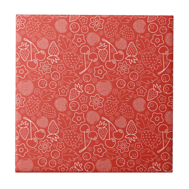 Berry Strawberry Cherry White Hand drawn Modern Tile (Front)