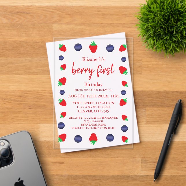 Berry Sweet 1st Birthday Acrylic Invitations (Insitu (Invitation Card))