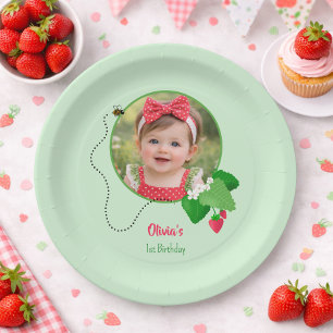Berry Sweet 1st Birthday Strawberry Photo Paper Plate