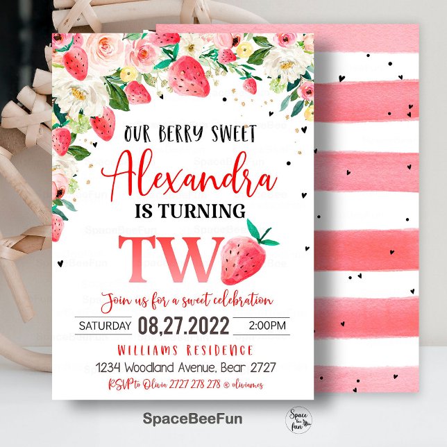 Berry Sweet 2nd Birthday Invitation Strawberry Bir (Berry Sweet invitation,2nd Birthday Invitation,Strawberry Birthday invite,Berry 2nd girl invites,Str)