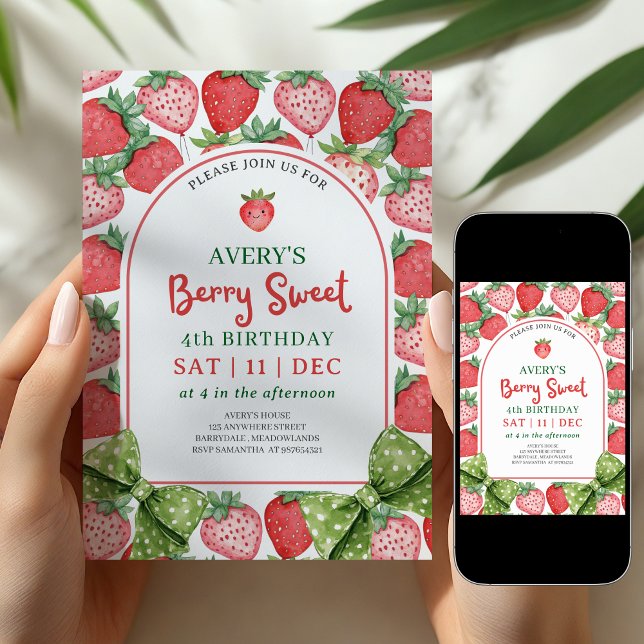 Berry Sweet 4th Birthday Strawberry Invitation (Creator Uploaded)