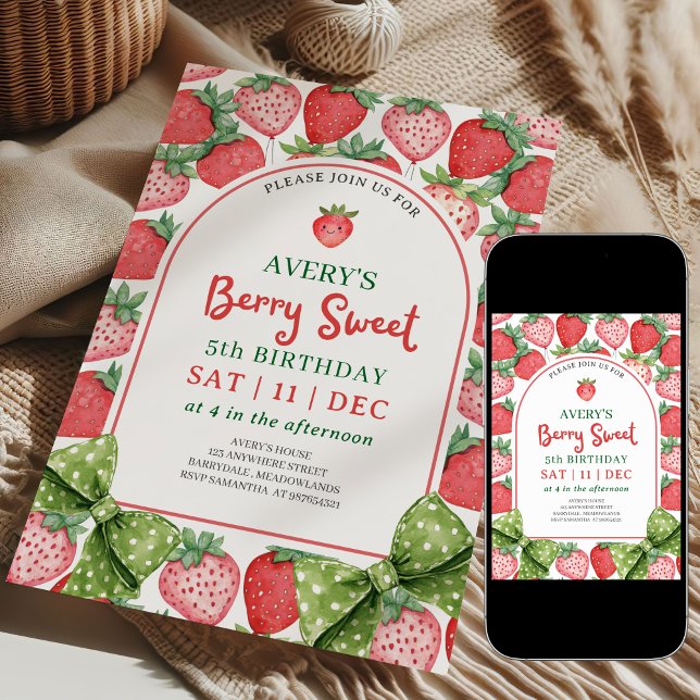Berry Sweet 5th Birthday Strawberry Invitation (Creator Uploaded)