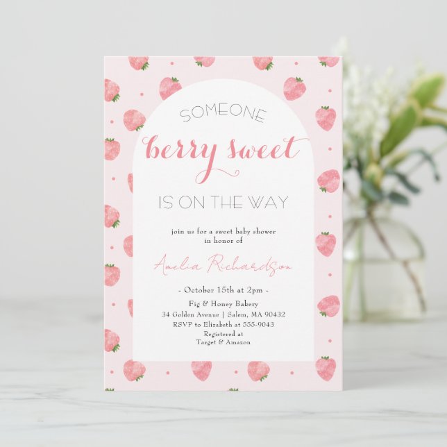 Berry Sweet Baby on the Way Strawberry Baby Shower Invitation (Standing Front)