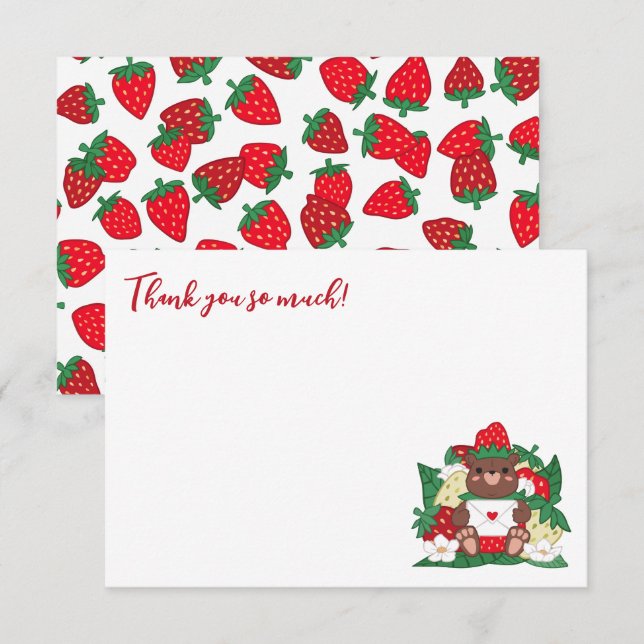 Berry Sweet Baby Red Strawberry Bear Baby Shower Thank You Card (Front/Back)