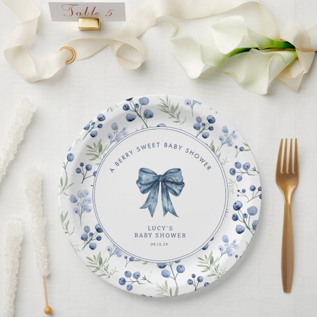 Berry Sweet Baby Shower Blueberry Bow  Paper Plate (Wedding)
