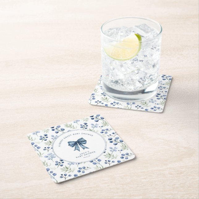 Berry Sweet Baby Shower Blueberry Bow  Square Paper Coaster (Insitu)