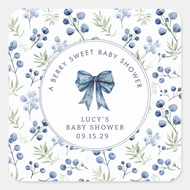 Berry Sweet Baby Shower Blueberry Bow  Square Sticker (Front)