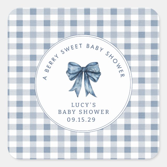 Berry Sweet Baby Shower Blueberry Bow Square Sticker (Front)