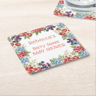 Berry Sweet Baby Shower frame of berries Square Paper Coaster