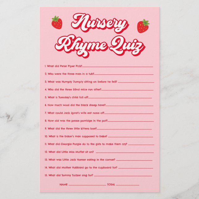 Berry Sweet Baby Shower Nursery Rhyme Quiz Game (Front)