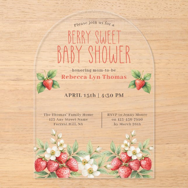 Berry Sweet Baby Shower Strawberries  Acrylic Invitations (Front)
