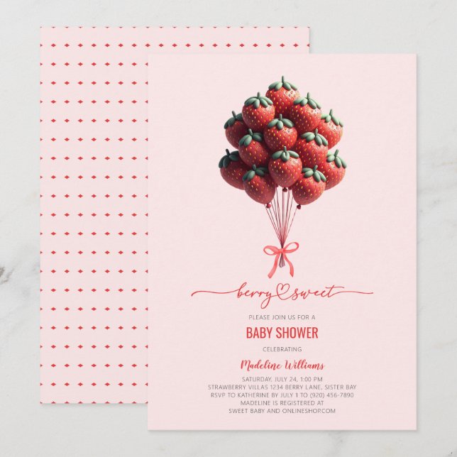 Berry Sweet Baby Strawberry Balloons Baby Shower Invitation (Front/Back)