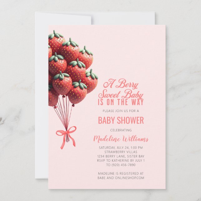 Berry Sweet Baby Strawberry Balloons Baby Shower Invitation (Front)