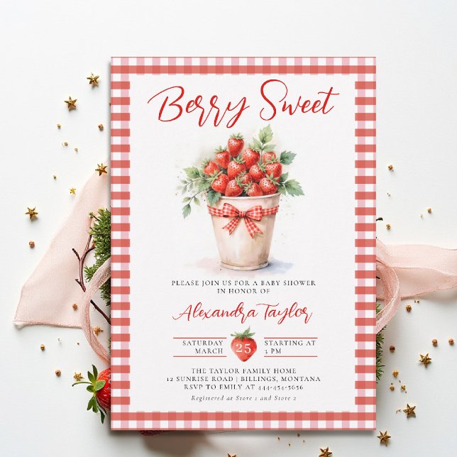 Berry Sweet Berries Art Garden Gingham Baby Shower Invitation (berry sweet baby shower invitation fruit strawberry theme art watercolor summer garden gingham)