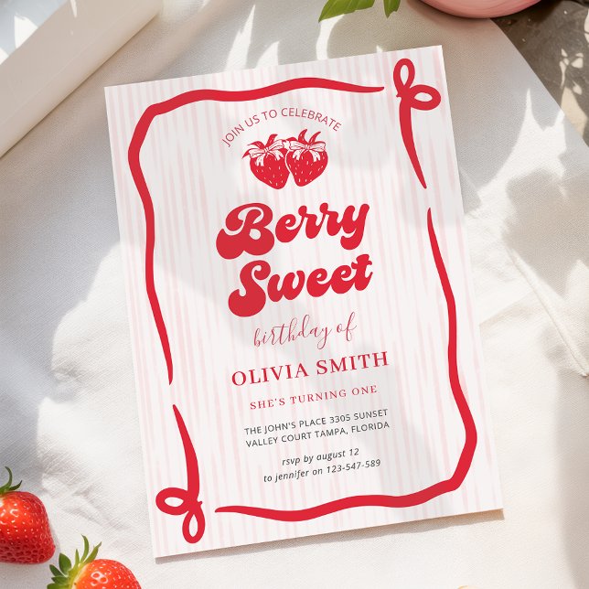 Berry Sweet Birthday Pink Bow Coquette Strawberry Invitation (Creator Uploaded)