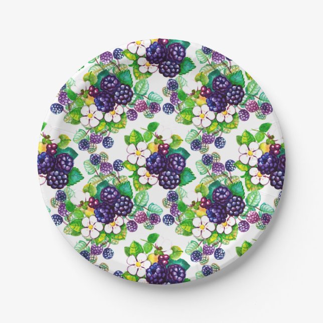 Berry Sweet Blackberries Blossoms Paper Plate (Front)