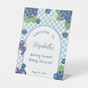 Berry Sweet Blue Gingham Baby Shower Welcome Pedestal Sign
