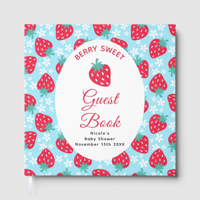 Berry Sweet Blue Strawberry Baby Shower  Guest Book (Front)