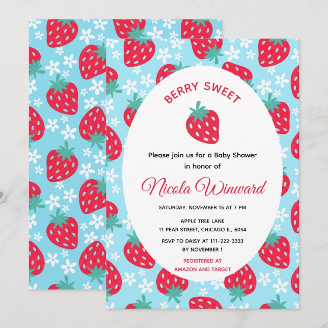 Berry Sweet Blue Strawberry Baby Shower Invitation (Front/Back)