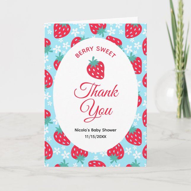Berry Sweet Blue Strawberry Baby Shower Thank You Card (Front)