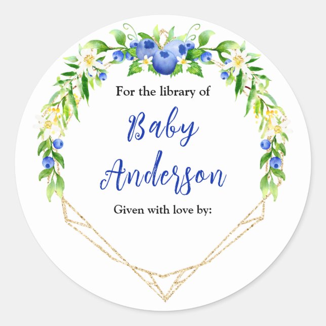 Berry Sweet Blueberry Baby Shower Bookplate Classic Round Sticker (Front)