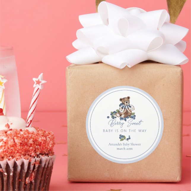 Berry Sweet Blueberry Bear Baby Boy Shower Classic Round Sticker (Party)